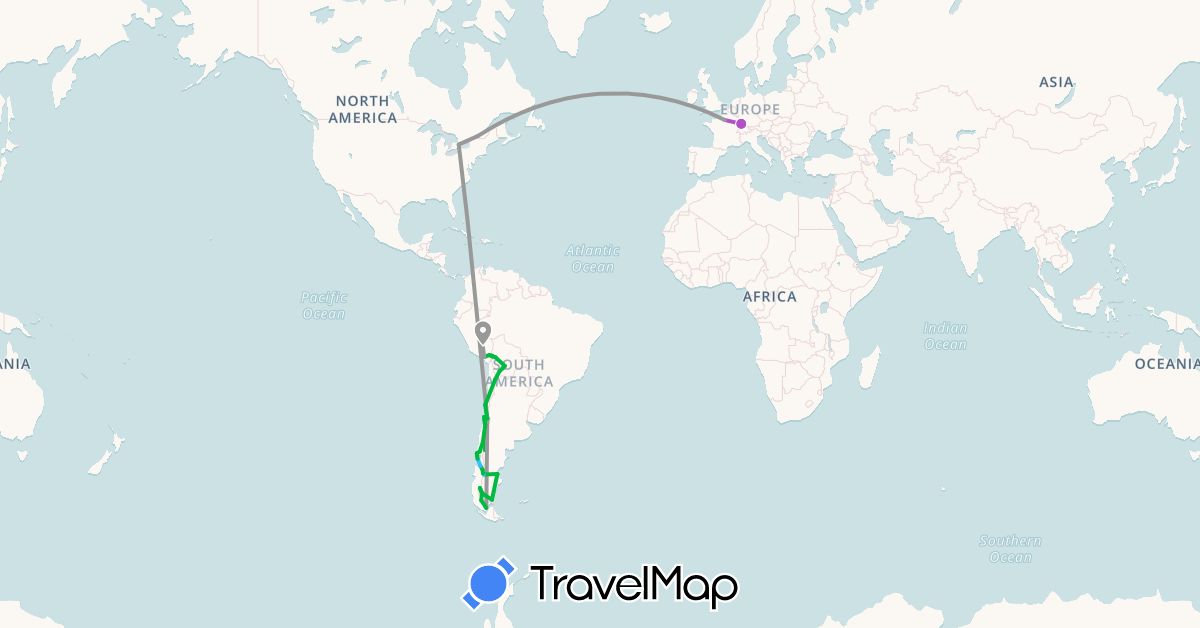 TravelMap itinerary: driving, bus, plane, train, boat in Argentina, Bolivia, Canada, Chile, France, Peru (Europe, North America, South America)